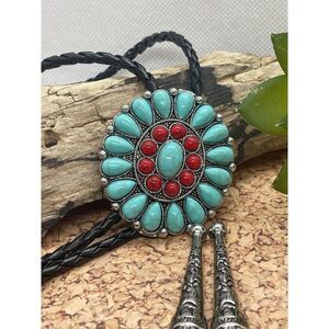 Western Cluster Turquoise blue  Red TURQUOISE UNISEX Silver Black Bolo Tie South